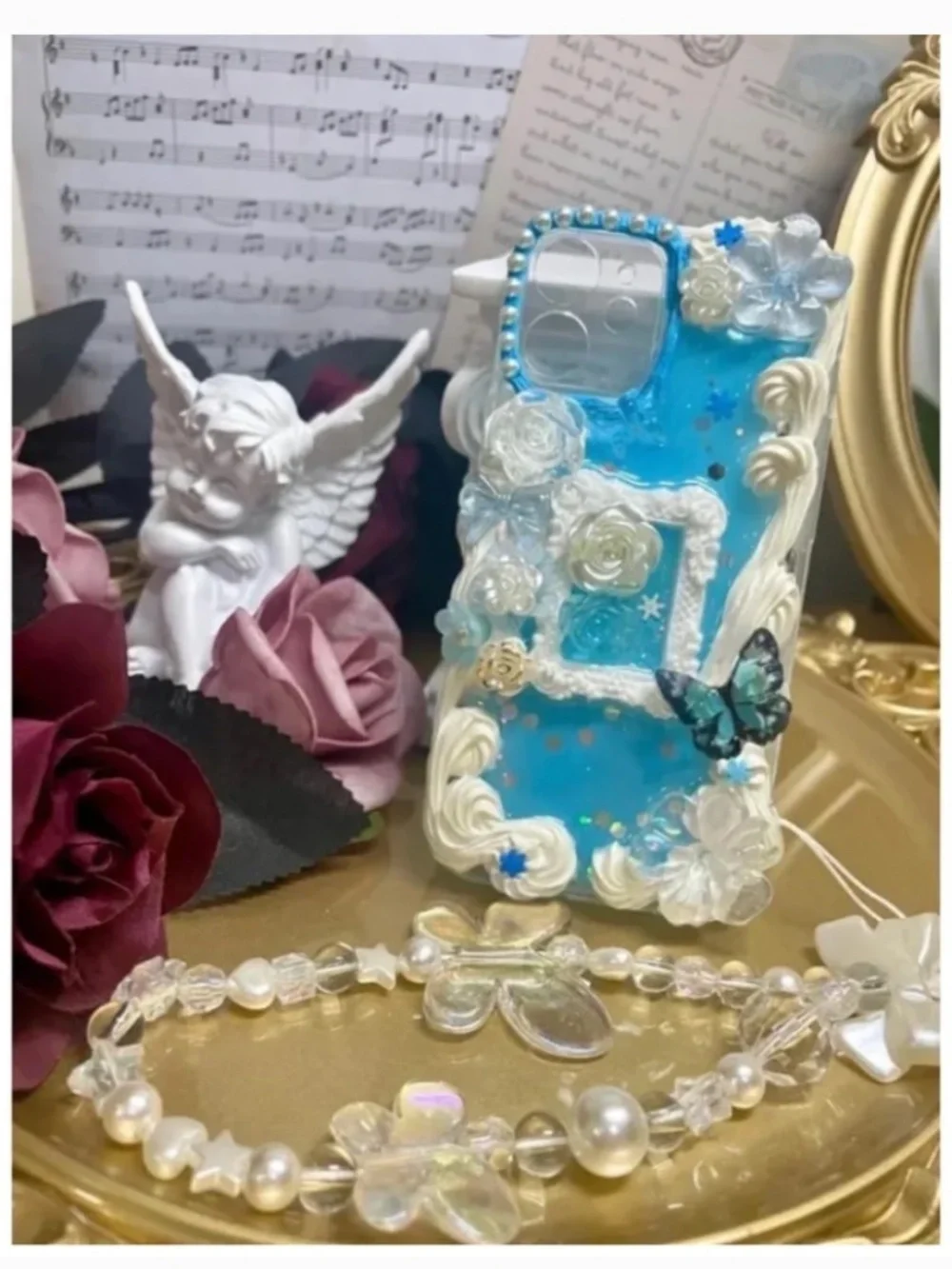 iPhone12mini Baroque Butterfly and rabbit Phone Case, Handmade
